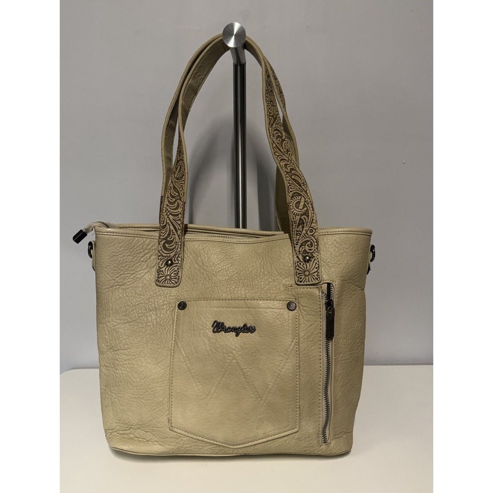 Wrangler Brown Western Tote Tooled Embossed Hair-On Fringe Zip Closure - Picture 2 of 8